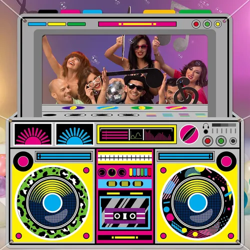 Vista 4 de Radio de tela Boombox - Accesorios para cabina de fotos para decoraciones de fiesta de los años 90 y 80, 59 x 59 pulgadas, pancarta colgante