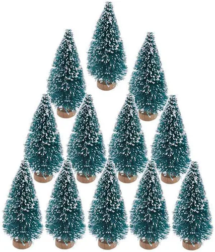 Vista 7 de 24 mini cepillos para botellas de árboles de Navidad con base de madera, mini árboles de plástico artificial para manualidades, adornos de nieve
