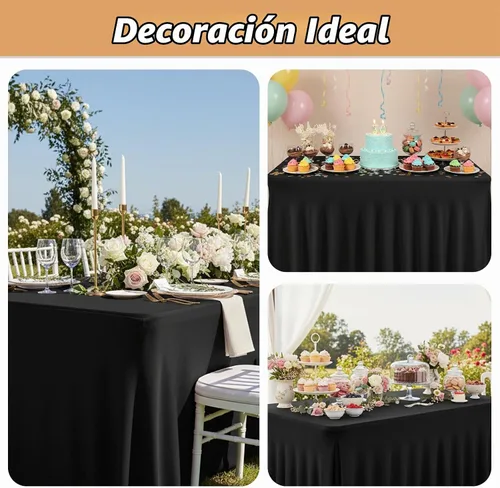 Vista 7 de Fixwal Paquete de 2 manteles de elastano negro para mesa rectangular de 4 pies, falda de mesa para fiesta, espectáculo, boda y cumpleaños