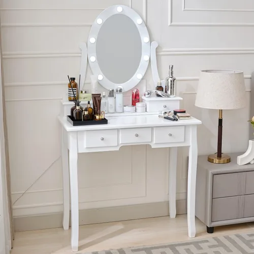 Vista 9 de okcomuy Mesa de tocador de maquillaje con espejo iluminado, tocador compacto con 5 cajones grandes para mujeres y niñas (blanco)