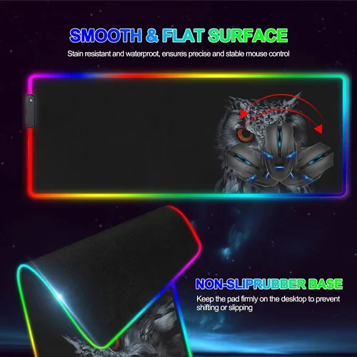 Vista 3 de Alfombrilla de mouse RGB para juegos 14 modos de luz grande extendida para teclado de computadora, búho, alfombrilla de mouse de alto rendimiento