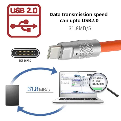 Vista 4 de cablecc Tipo A USB-A a USB-C Silicona Líquida Ultra Suave 120W Power USB2.0 Datos Cable Naranja Carga Rápida para Computadora Portátil Tableta