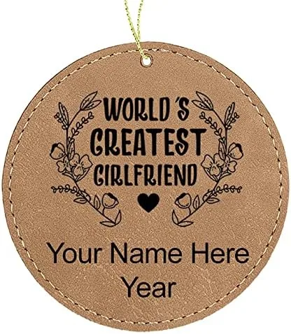 Vista 3 de LaserGram Personalized Christmas Ornament, World's Greatest Girlfriend, Faux Leather, Custom Laser Engraved Gift Idea (Round Shape, Black with Gold)