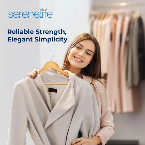 Vista 7 de SereneLife Perchas de madera maciza, paquete mega, 60 perchas para ropa, juego de perchas resistentes con gancho giratorio cromado de 360 grados