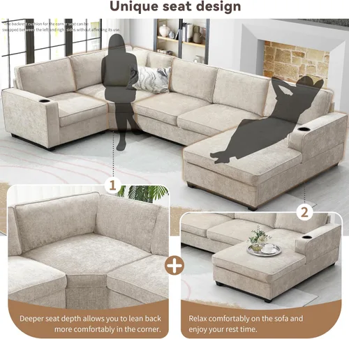 Vista 40 de Moderno sofá modular en forma de U con almohadas para la cintura, sofá cama con diván, sofá tapizado simétrico de felpilla de 6 asientos para sala