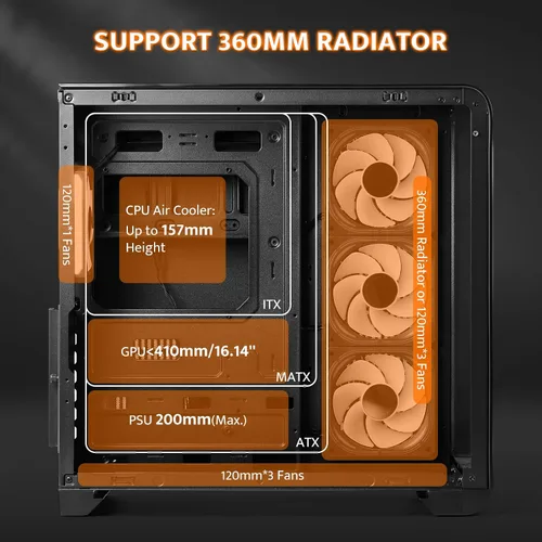 Vista 5 de darkFlash Chasis PC ATX de Torre Media con Pantalla, Tres Lados de Vidrio, Chasis de PC Gaming Dual Curvo de Vista Completa, 4 Ventiladores ARGB PWM
