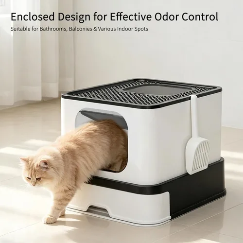 Vista 7 de RIZZARI Caja de acero inoxidable para gatos: bandeja de arena cerrada de gran capacidad negra con paredes altas, revestimiento de teflón