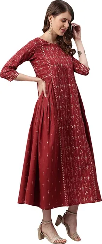 Vista 5 de Janasya - Vestido étnico flexible de algodón granate para mujer