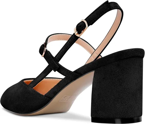 Vista 3 de Aachcol Zapatos de tacón medio bajo para mujer, con correa al tobillo, puntera puntiaguda, zapatos de vestir para oficina, fiesta, boda, gamuza