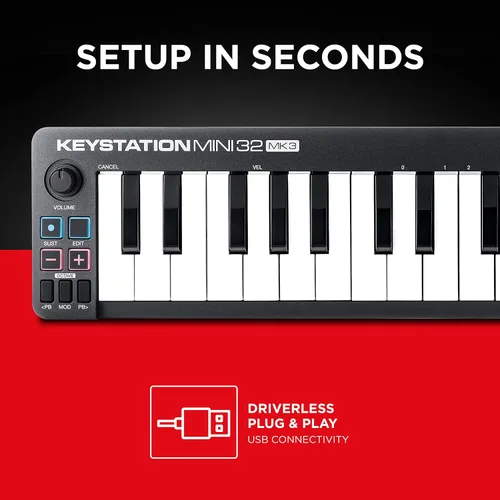 Vista 4 de M-AUDIO Keystation Mini 32 MK3 MIDI Controller Bundle con auriculares para grabación de estudio, producción de música, podcasting, transmisión