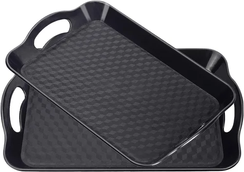 Vista 8 de Bandeja de plástico con asas, paquete de 2 bandejas rectangulares multiusos antideslizantes para servir restaurante para fiestas, mesa de café