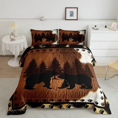 Vista 9 de Juego de ropa de cama de oso para niños y adolescentes, juego de edredón de animales salvajes para niños, adolescentes, naturaleza, vida silvestre