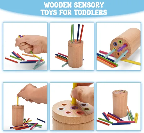 Vista 5 de Juguetes Montessori para niños de 1 a 3 años, juguete educativo de 3 en 1 de madera para habilidades motoras finas, juguete de clasificación