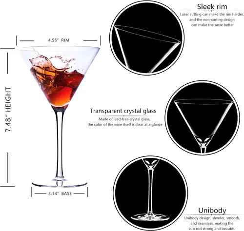 Vista 3 de Juego de 4 copas de martini de cristal soplado a mano - Juego de copas tipo coupe de 9.5 oz con tallo - Elegantes copas de cóctel para bar