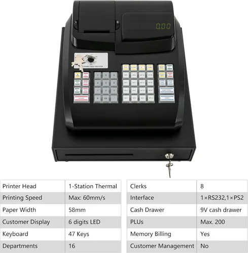 Vista 5 de Caja registradora electrónica comercial de 47 llaves, sistema de gestión de efectivo, caja registradora con pantalla LED, cabezal de impresión 47