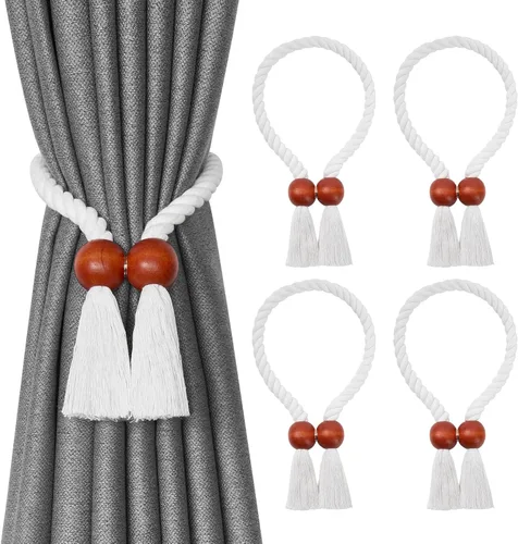Vista 14 de NICEEC 2 Pack de Alzapaños Magnéticos de Madera en Forma de Cubo Boho para Decoración del Hogar, Alzapaños de Lino Tejidos a Mano para Cortinas Beige