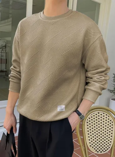 Vista 2 de Sudaderas de cuello redondo para hombre, color liso, textura geométrica, manga larga, informal, sin botones