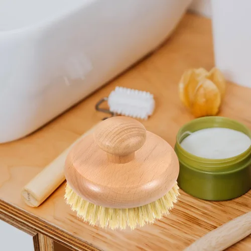 Vista 8 de Cepillo de ducha con mango para la espalda, exfoliante corporal de madera, cepillo de ducha de baño para cepillado húmedo o seco