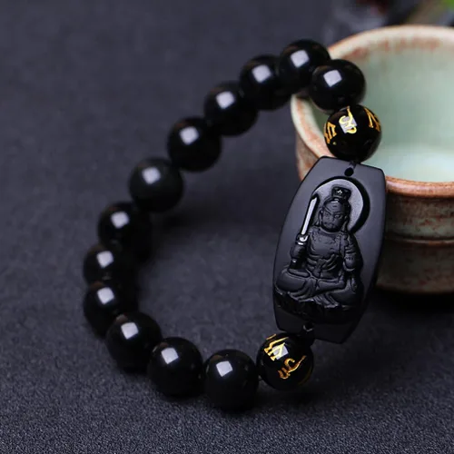 Vista 2 de 100% obsidiana natural pura inamovible Bodhisattva Buda pulsera pulsera