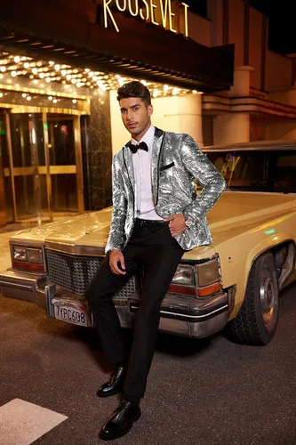 Vista 2 de Coofandy Chaqueta de traje de lentejuelas brillante Blazer de un botón de esmoquin para fiesta, boda, banquete, baile de graduación
