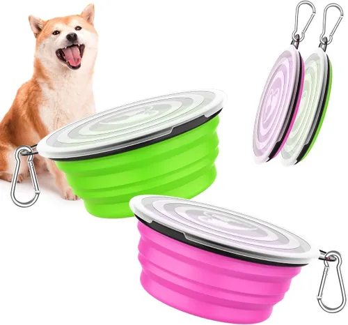Vista 9 de Pawaboo Cuencos plegables 2 en 1 para perros, cuencos dobles para comida y agua, cuenco de silicona portátil de 180° con gancho de metal, comedero