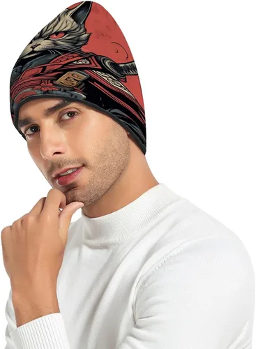 Vista 3 de Cool Cat Samurai - Gorro unisex holgado, talla única, cálido y suave para clima frío, color rojo, Rojo
