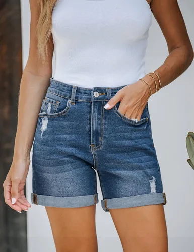 Vista 3 de luvamia Pantalones cortos de mezclilla rasgados casuales para mujer, cintura alta, desgastados, con dobladillo enrollado, pantalones cortos de jeans