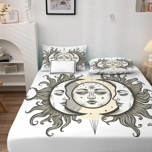 Vista 2 de Juego de sábanas de sol y luna tamaño individual, sábanas estéticas, sábanas y fundas de almohada estampadas de 3 piezas, sábana bajera ajustable