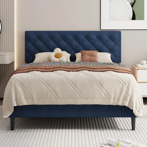 Vista 9 de BarnFurin Marco de cama tamaño completo con cabecero, cama de plataforma tapizada con cabecera acolchada con botones ajustables, marco de cama