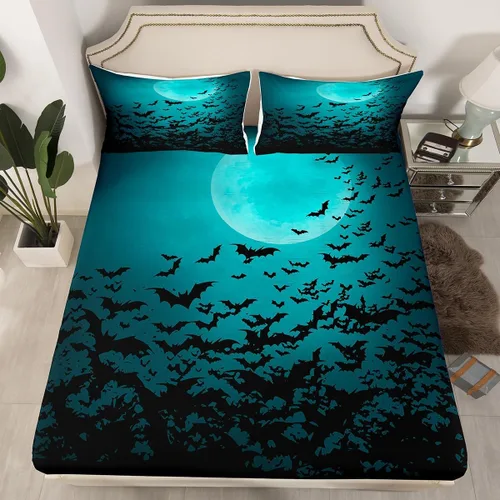 Vista 8 de Sábana bajera ajustable de Halloween tamaño individual, sábanas de calabaza y gato para niñas y niños, sombrero de bruja espeluznante morado