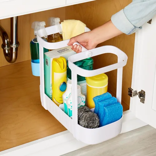 Vista 5 de YouCopia SinkSuite - Organizador de limpieza para debajo del fregadero, organizador de suministros de limpieza ajustable de 2 niveles