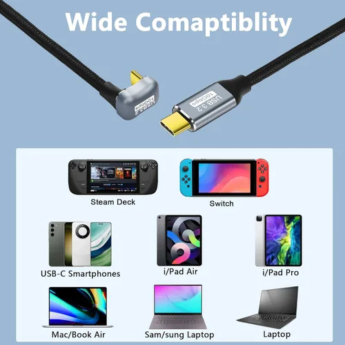Vista 7 de GELRHONR Cable de carga rápida USB C en forma de U, cable USB 3.2 Gen 2 en ángulo de 180 grados, cable de carga tipo C macho a macho PD100W, 10Gbps