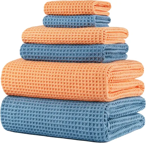 Vista 8 de POLYTE Juego de toallas de baño de gran tamaño de microfibra de secado rápido de 430 GSM, sin pelusas, 6 piezas (tejido de gofre)