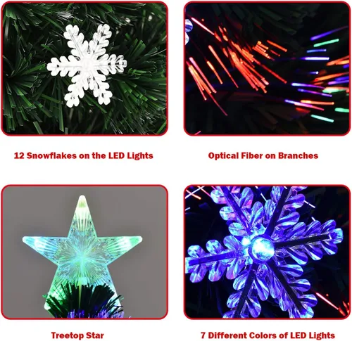 Vista 4 de BestComfort Árbol de Navidad artificial preiluminado de 3 pies con fibra óptica multicolor, 12 luces LED en forma de copo de nieve, estrella