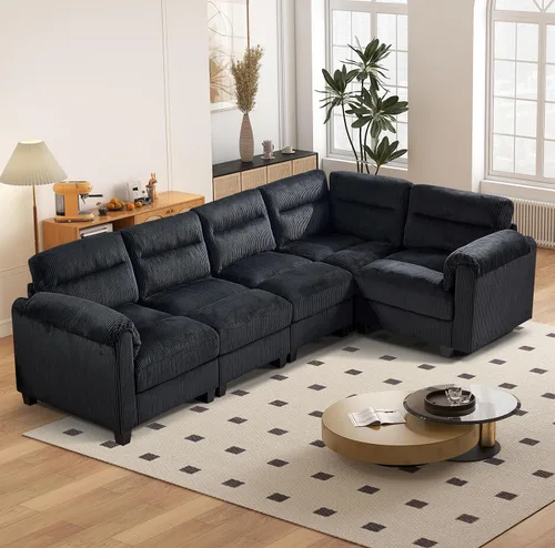Vista 14 de HAOMARKETS Sofá esquinero modular en forma de L de 115 pulgadas con 2 otomanas móviles, sofás de pana de 8 plazas con cojín grueso para sala de Beige