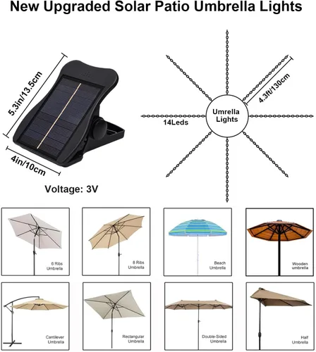 Vista 3 de VOOKRY - Luces solares para sombrilla para exteriores, 8 hebras, 8 modos de Varios