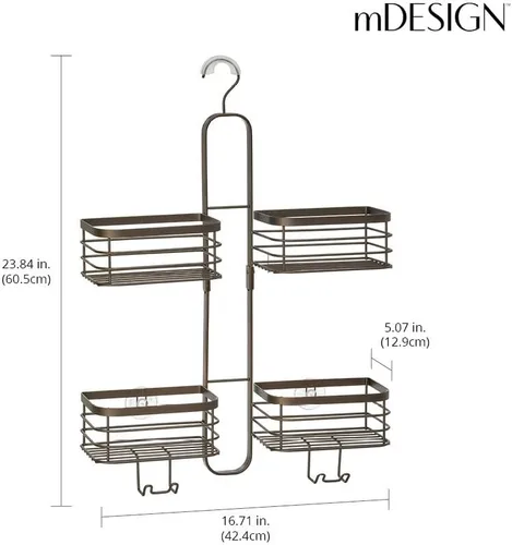 Vista 3 de mDesign Carrito de ducha colgante de acero metálico, estante organizador de 4 cestas para baño; sostiene cabezal de ducha de mano, manguera, champú