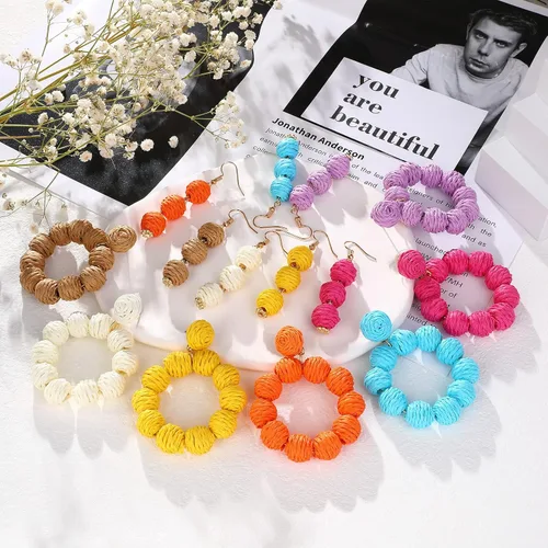 Vista 6 de 2 pares de aretes de ratán tejidos de rafia, aretes colgantes de ratán, aretes bohemios hechos a mano, paja, trenza, joyería bohemia para mujeres