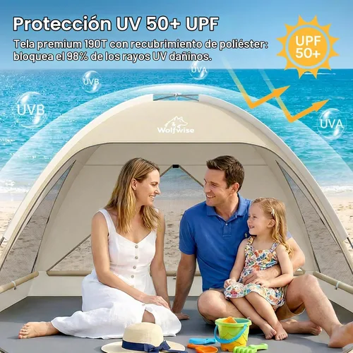 Vista 9 de Wolfwise Tienda de campaña de playa para 3 personas con protección UV UPF 50+, tiendas de campaña de playa con suelo extensible para privacidad, 3