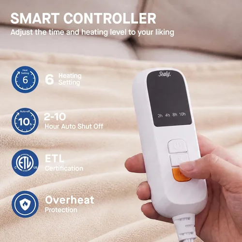 Vista 5 de Sealy - Manta eléctrica térmica tamaño 50"x60", manta eléctrica de franela doble suave con 6 niveles de calor y apagado automático de 2-10 horas