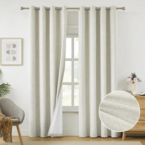 Vista 12 de Cortinas opacas de lino beige Melodieux de 63 pulgadas de largo para dormitorio, sala de estar, 100% cortinas con ojales para bloquear la luz