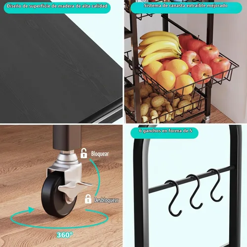 Vista 8 de HapiRm - Carrito rodante de cocina con microondas de 4 niveles - Soporte de mesa para microondas con cestas extraíbles, estante de almacenamiento