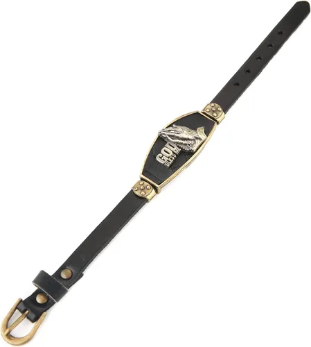 Vista 4 de STWTR Pulsera de cuero de aleación punk para hombre, pulsera de personalidad de moda ajustable negra (Dios me bendiga)