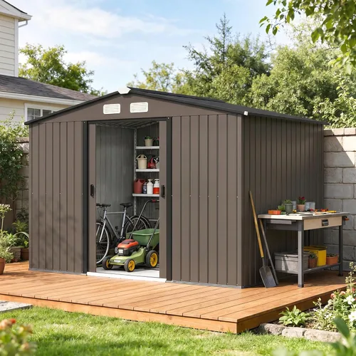 Vista 12 de Outsunny Cobertizo de almacenamiento exterior de 11' x 13', cobertizo de metal para herramientas de jardín con kit de cimentación, puerta con doble