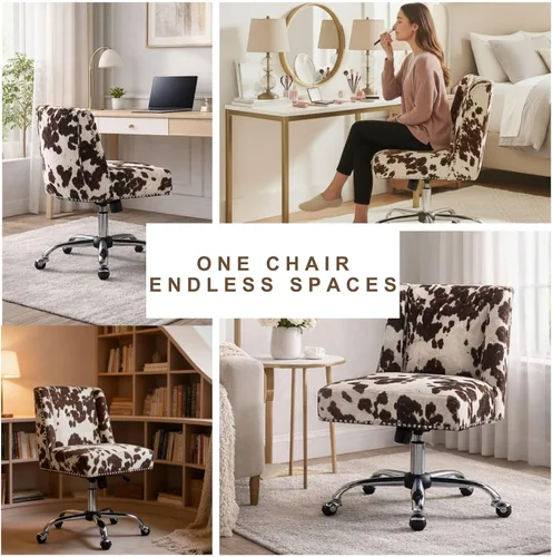 Vista 7 de Silla de escritorio con estampado de vaca, silla giratoria de escritorio con ruedas, silla tapizada para oficina en casa sin brazos para dormitorio