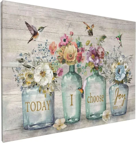 Vista 2 de Shuweienphant Arte de Pared de Baño Estilo Granja Flores Colibrí Cuadros Florales Decoración Citas Inspiracionales Frasco Mason Lienzo Pintura