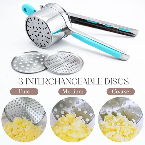 Vista 5 de Triturador de patatas Bellemain de 15 oz con 3 discos intercambiables, triturador de patatas de acero inoxidable, herramienta de cocina para puré