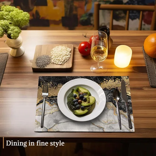 Vista 6 de Juego de 6 manteles individuales de mármol negro y dorado, lavables para mesa de cocina, comedor, resistentes al calor, para decoración de fiestas