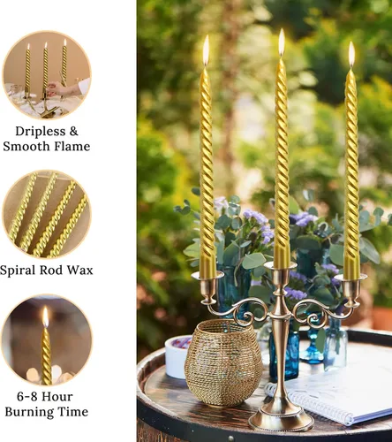 Vista 7 de Juego de velas cónicas en espiral doradas de 10 pulgadas para Navidad, paquete de 12 velas torcidas sin perfume, velas delgadas y cónicas sin goteo