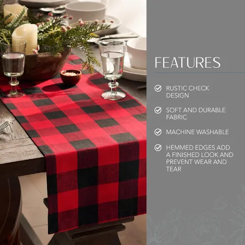 Vista 3 de Elrene Home Fashions Camino de mesa Farmhouse Living Holiday Buffalo-Check, 13 pulgadas de ancho x 70 pulgadas de largo, rojo/negro